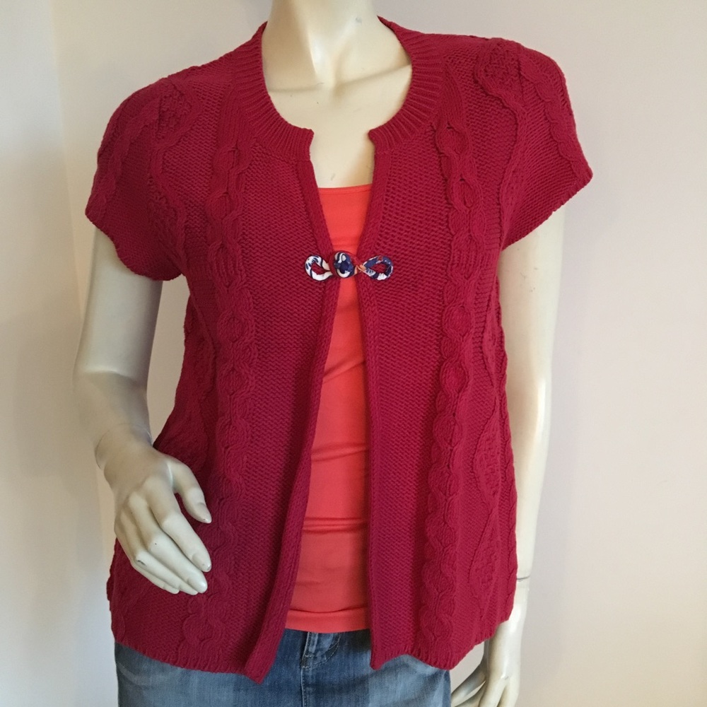 Free People red cap sleeve cable knit cardigan with knot button closure